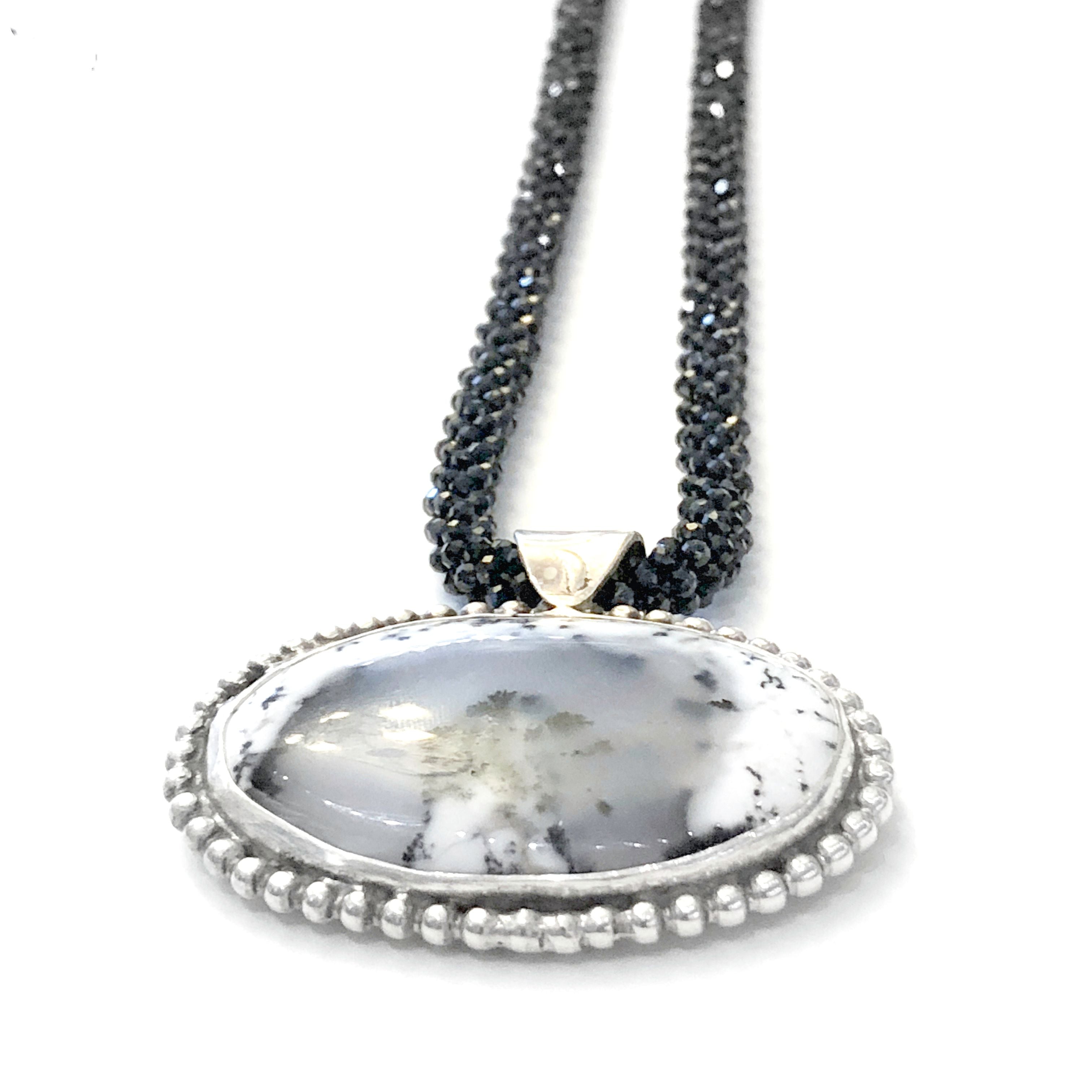 Crocheted Black Spinel necklace with Dendritic Opal gemstone