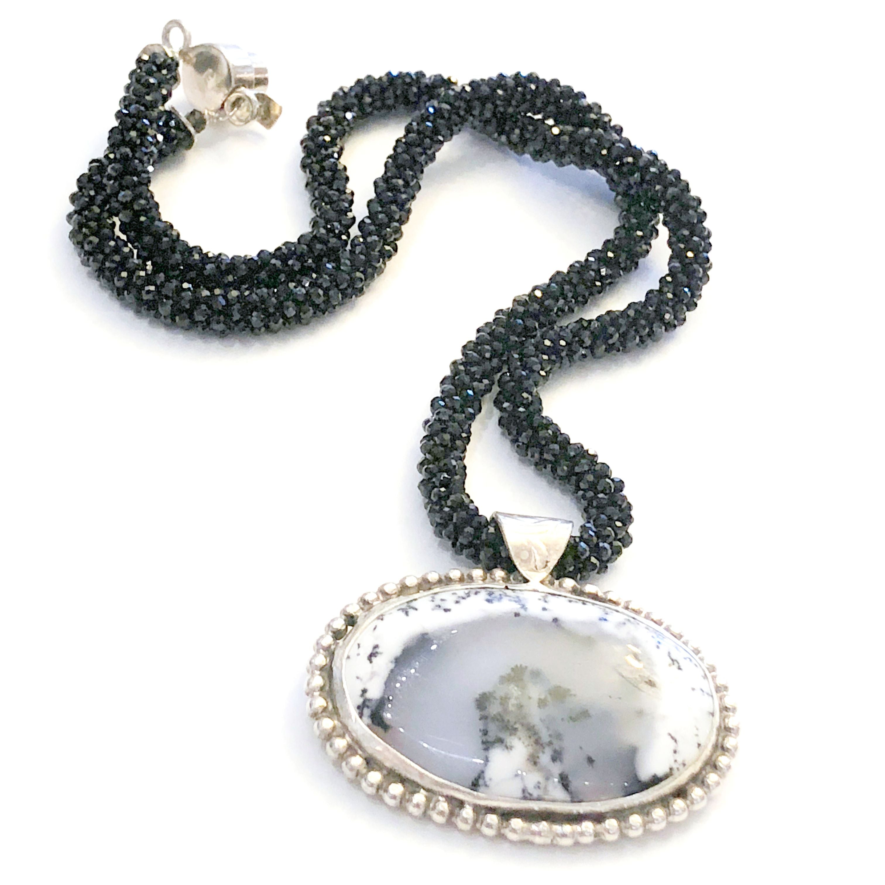 Crocheted Black Spinel necklace with Dendritic Opal gemstone