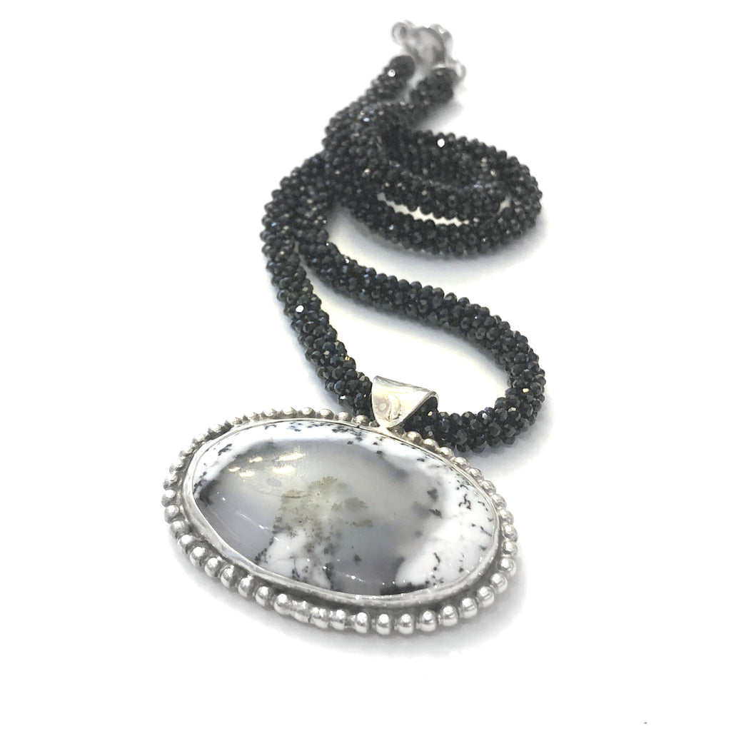 Crocheted Black Spinel necklace with Dendritic Opal gemstone