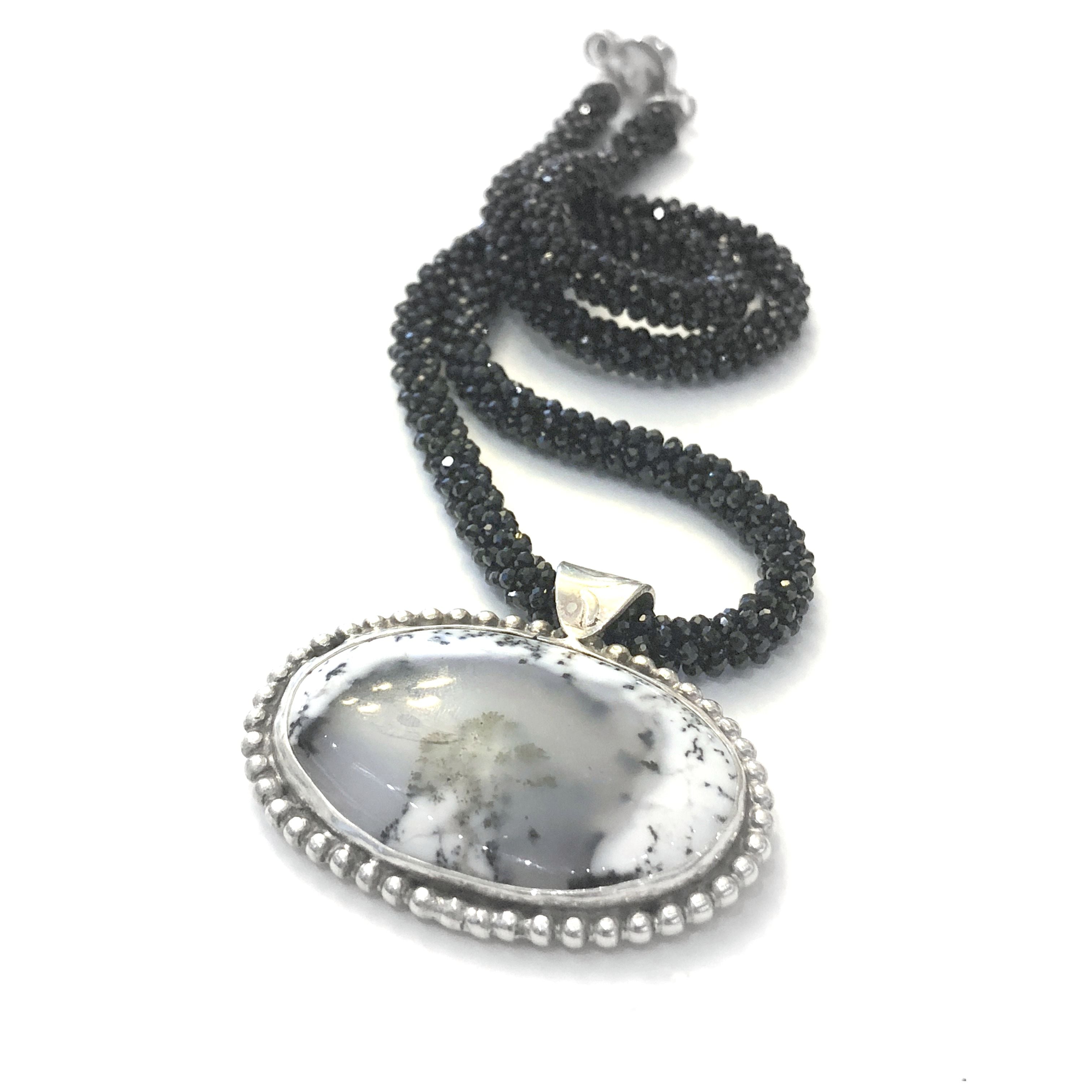 Crocheted Black Spinel necklace with Dendritic Opal gemstone