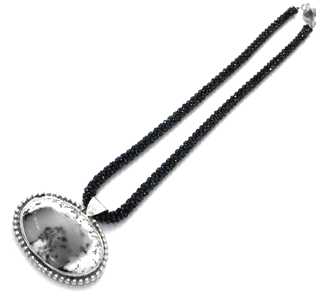 Crocheted Black Spinel necklace with Dendritic Opal gemstone