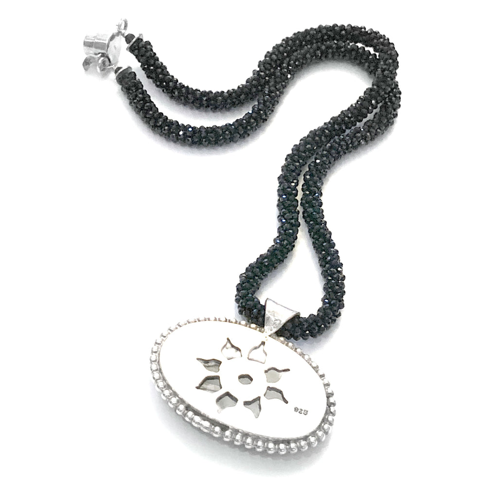Crocheted Black Spinel necklace with Dendritic Opal gemstone