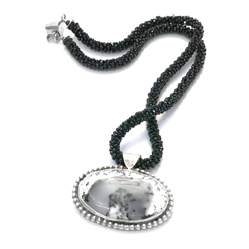 Crocheted Black Spinel necklace with Dendritic Opal gemstone