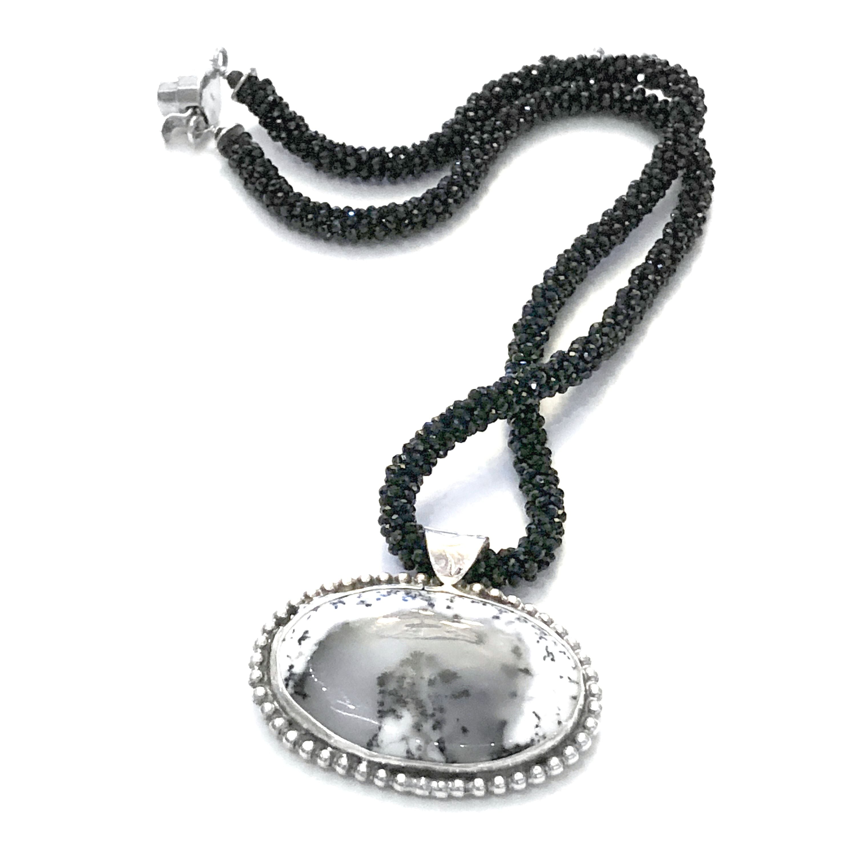 Crocheted Black Spinel necklace with Dendritic Opal gemstone