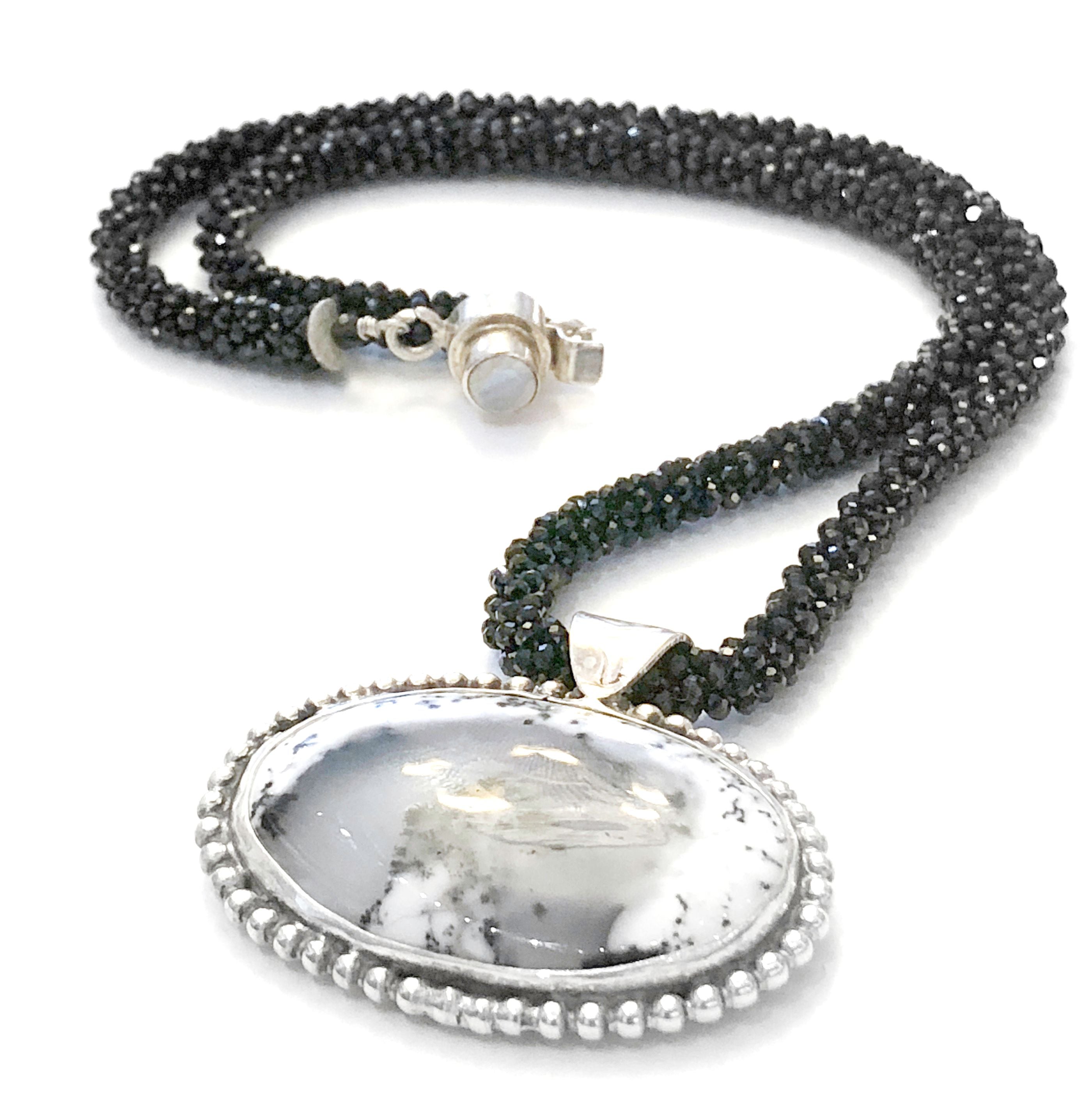 Crocheted Black Spinel necklace with Dendritic Opal gemstone
