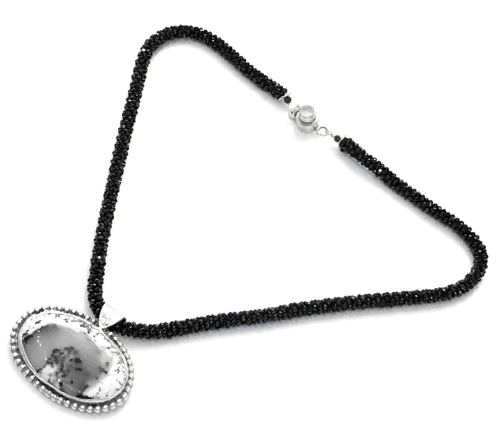 Crocheted Black Spinel necklace with Dendritic Opal gemstone