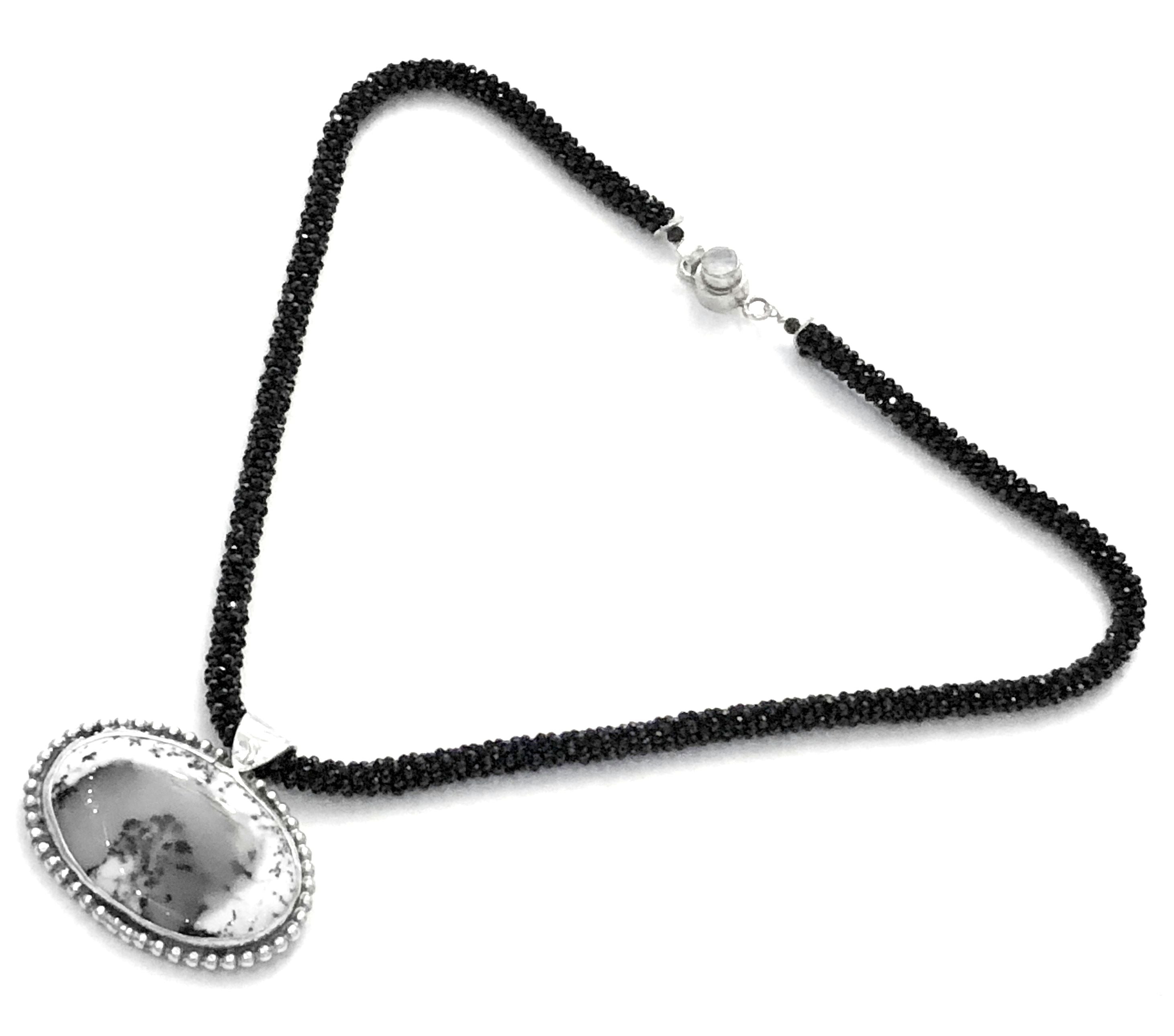 Crocheted Black Spinel necklace with Dendritic Opal gemstone