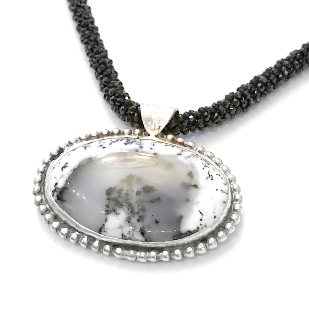 Crocheted Black Spinel necklace with Dendritic Opal gemstone