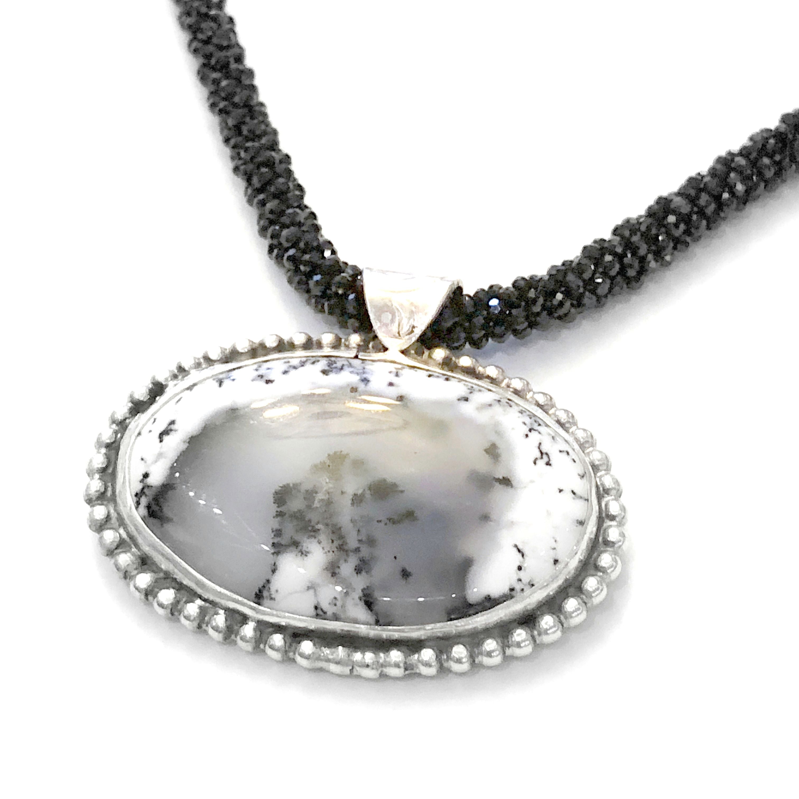 Crocheted Black Spinel necklace with Dendritic Opal gemstone