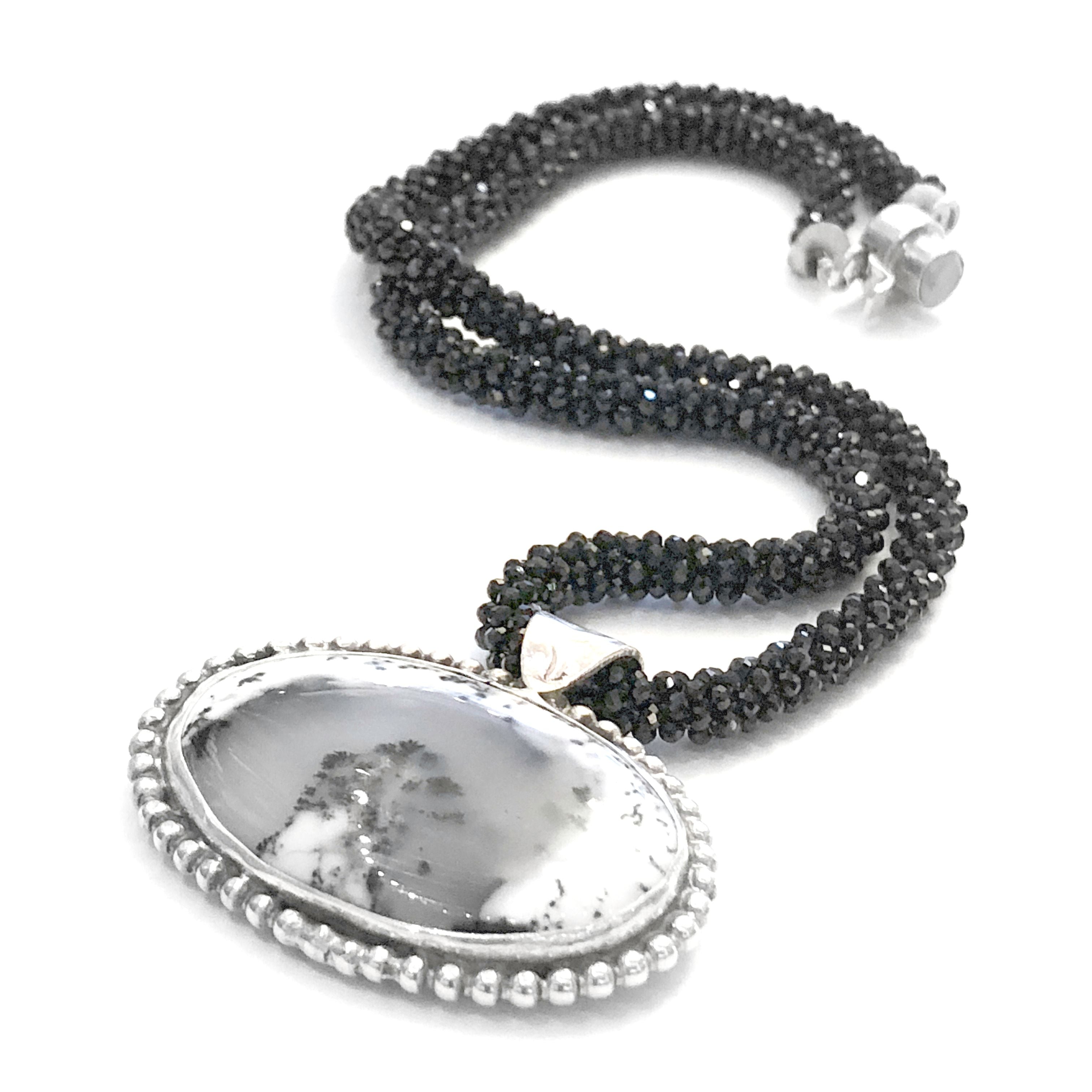 Crocheted Black Spinel necklace with Dendritic Opal gemstone