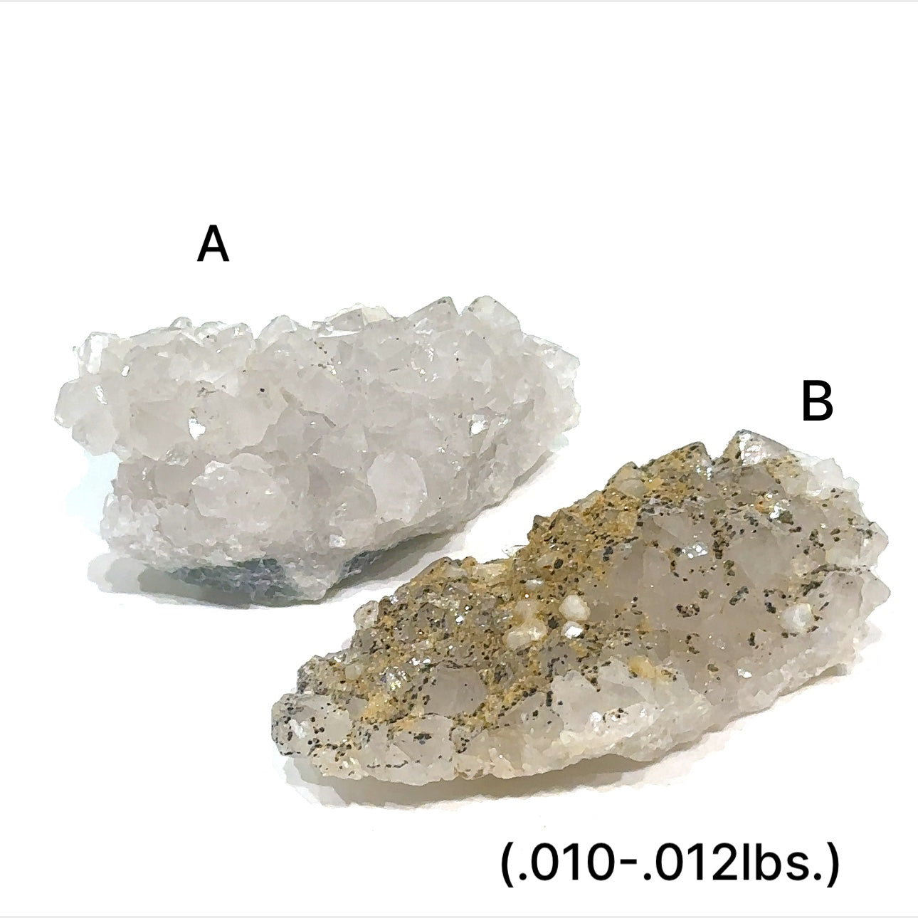 Calcite over Fluorite with Pyrite gemstone showing layered mineral structure and golden inclusions on white background sizes (.010-.012lbs.) letters A & B overview