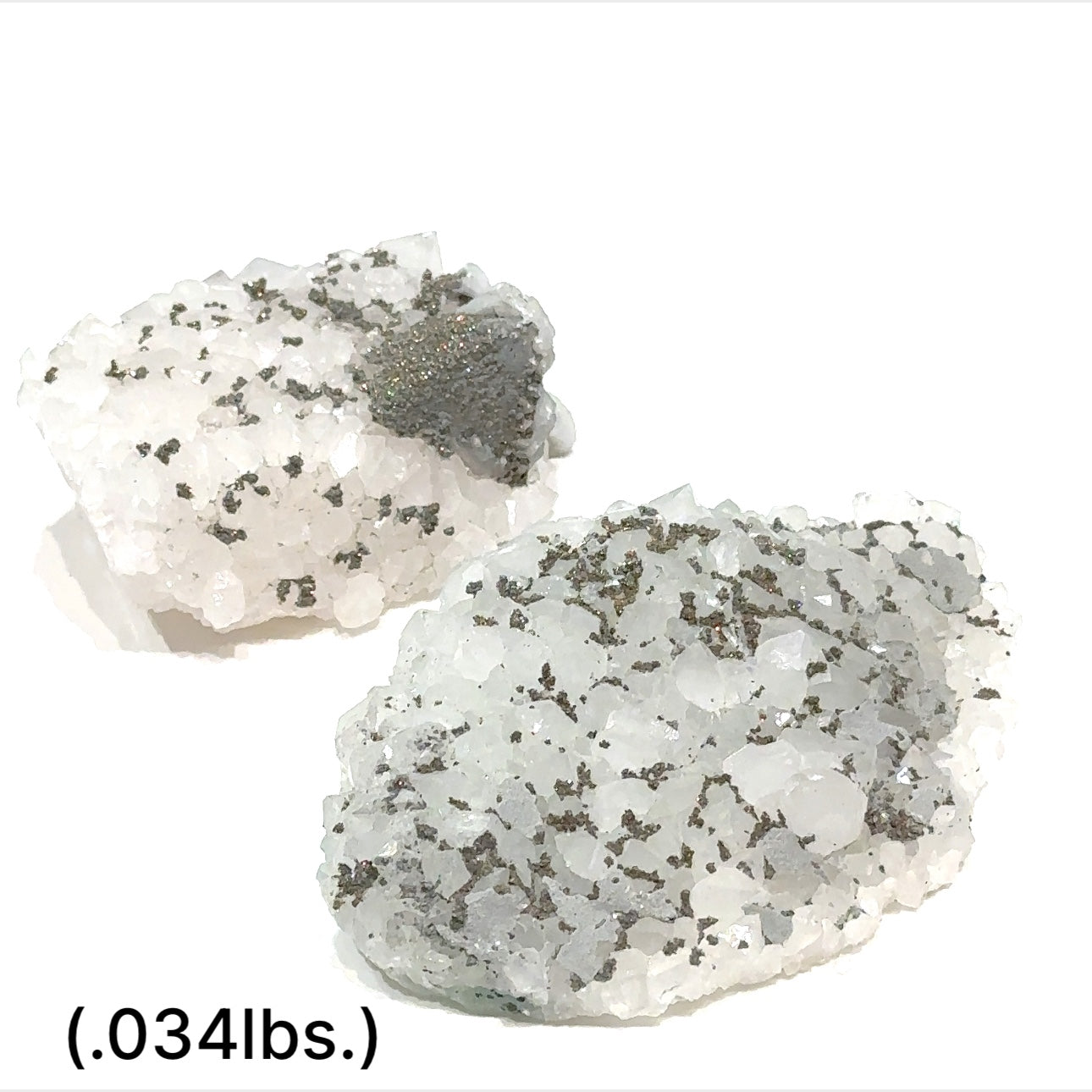 Calcite over Fluorite with Pyrite gemstone showing layered mineral structure and golden inclusions on white background sizes (.034lbs.) overview