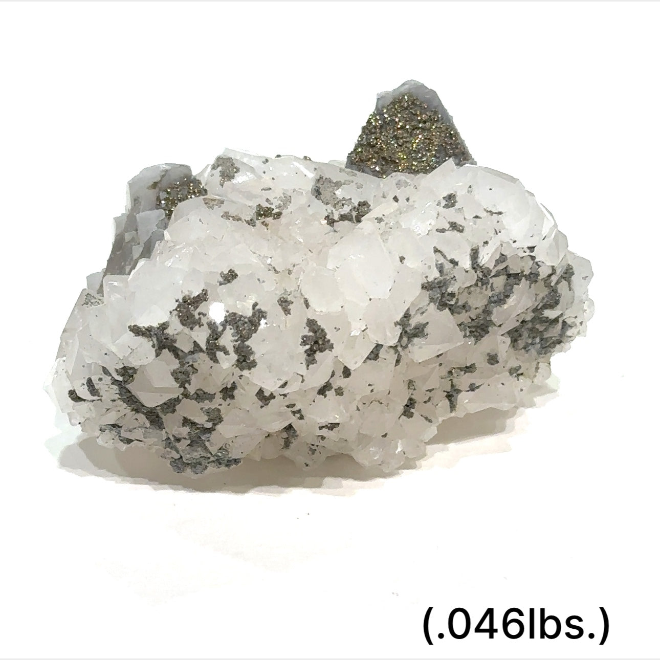 Calcite over Fluorite with Pyrite gemstone showing layered mineral structure and golden inclusions on white background sizes (.046lbs.) overview