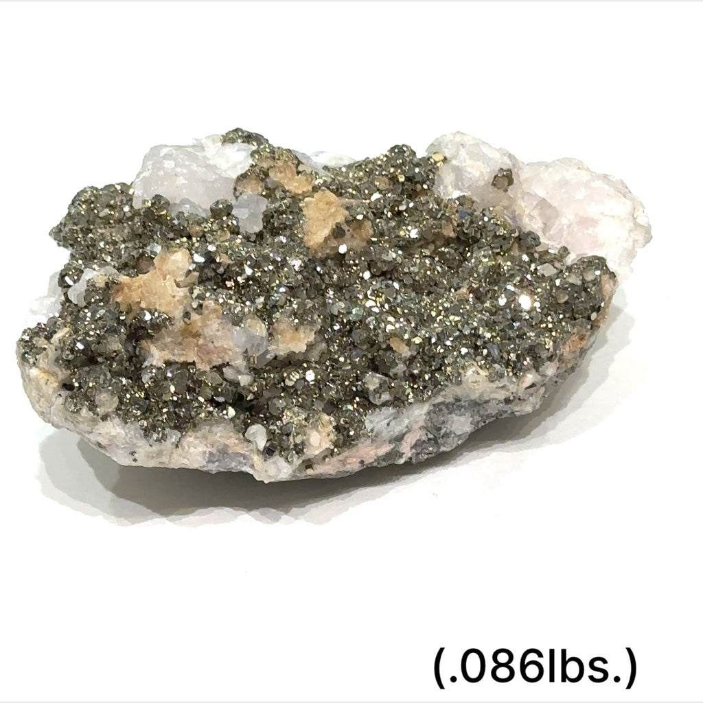 Calcite over Fluorite with Pyrite gemstone showing layered mineral structure and golden inclusions on white background sizes (.086lbs.) overview