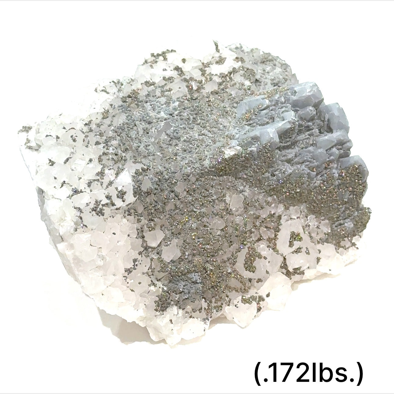Calcite over Fluorite with Pyrite gemstone showing layered mineral structure and golden inclusions on white background sizes (.172lbs.) overview