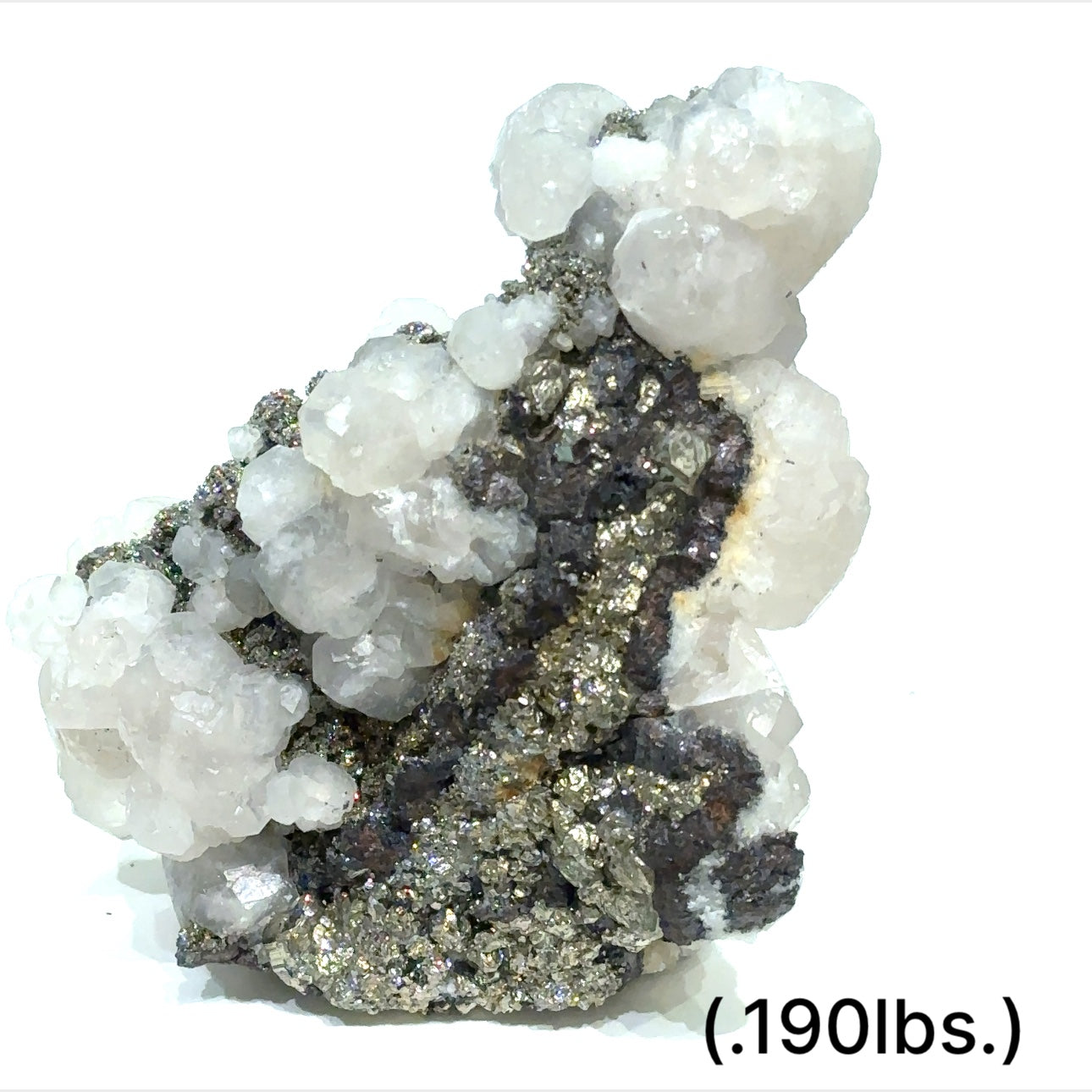 Calcite over Fluorite with Pyrite gemstone showing layered mineral structure and golden inclusions on white background sizes (.190lbs.) overview