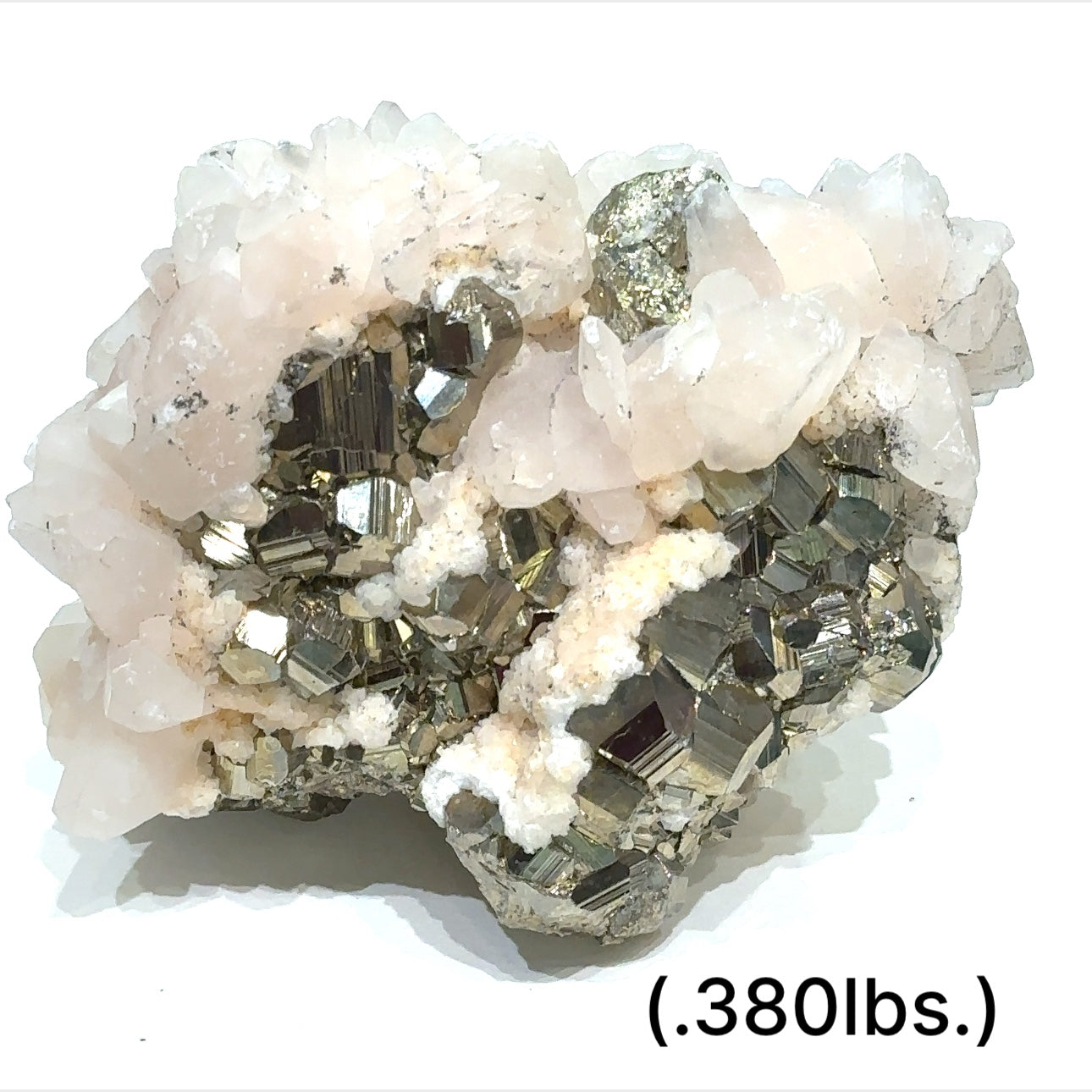 Calcite over Fluorite with Pyrite gemstone showing layered mineral structure and golden inclusions on white background sizes (.380lbs.) overview
