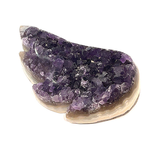 Carved amethyst gemstone in the shape of a butterfly wing with a purple color front view on a white background. 