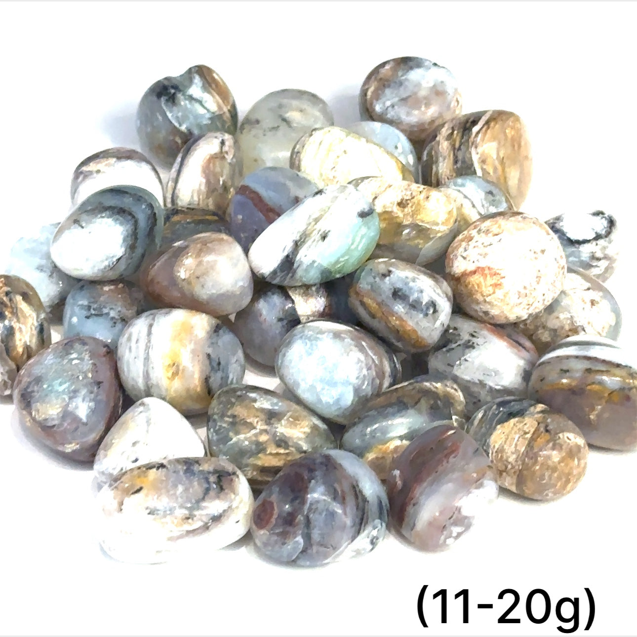 Close-up of Blue Opal crystal with gentle ocean-inspired color variations on white background sizes (11-20g) front overview