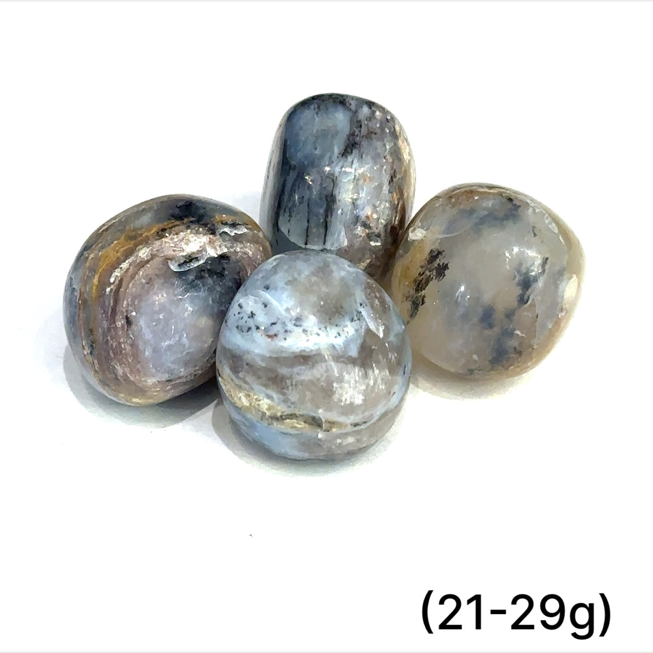 Close-up of Blue Opal crystal with gentle ocean-inspired color variations on white background sizes (21-29g) front overview