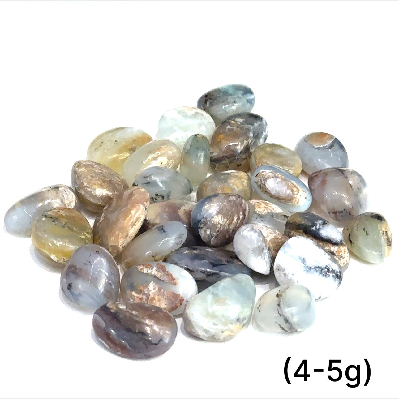 Close-up of Blue Opal crystal with gentle ocean-inspired color variations on white background sizes (4-5g) front overview