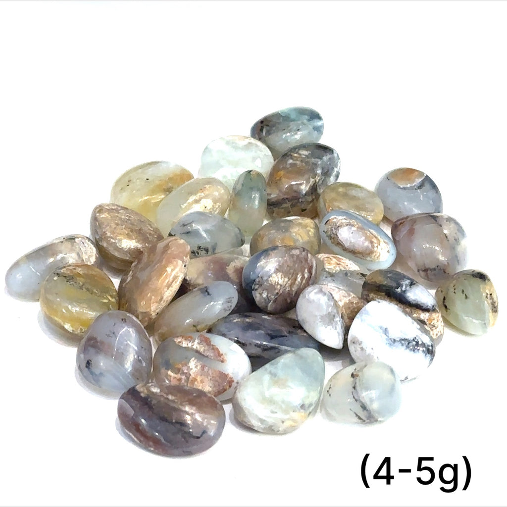 Close-up of Blue Opal crystal with gentle ocean-inspired color variations on white background sizes (4-5g) front overview