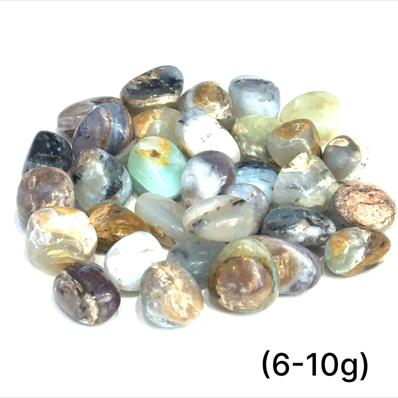 Close-up of Blue Opal crystal with gentle ocean-inspired color variations on white background sizes (6-10g) front overview