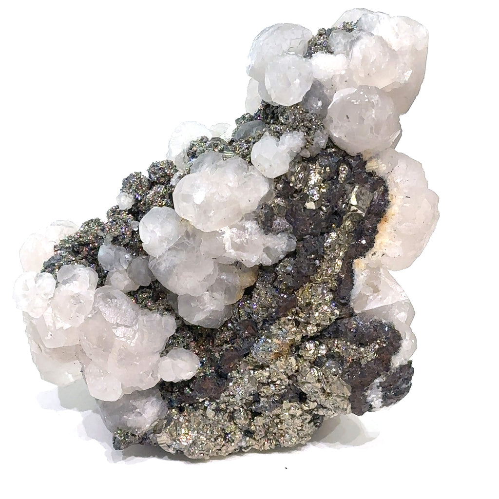 Close-up of Calcite and Fluorite crystal cluster with metallic Pyrite flecks on a white background, front view of the second gemstone