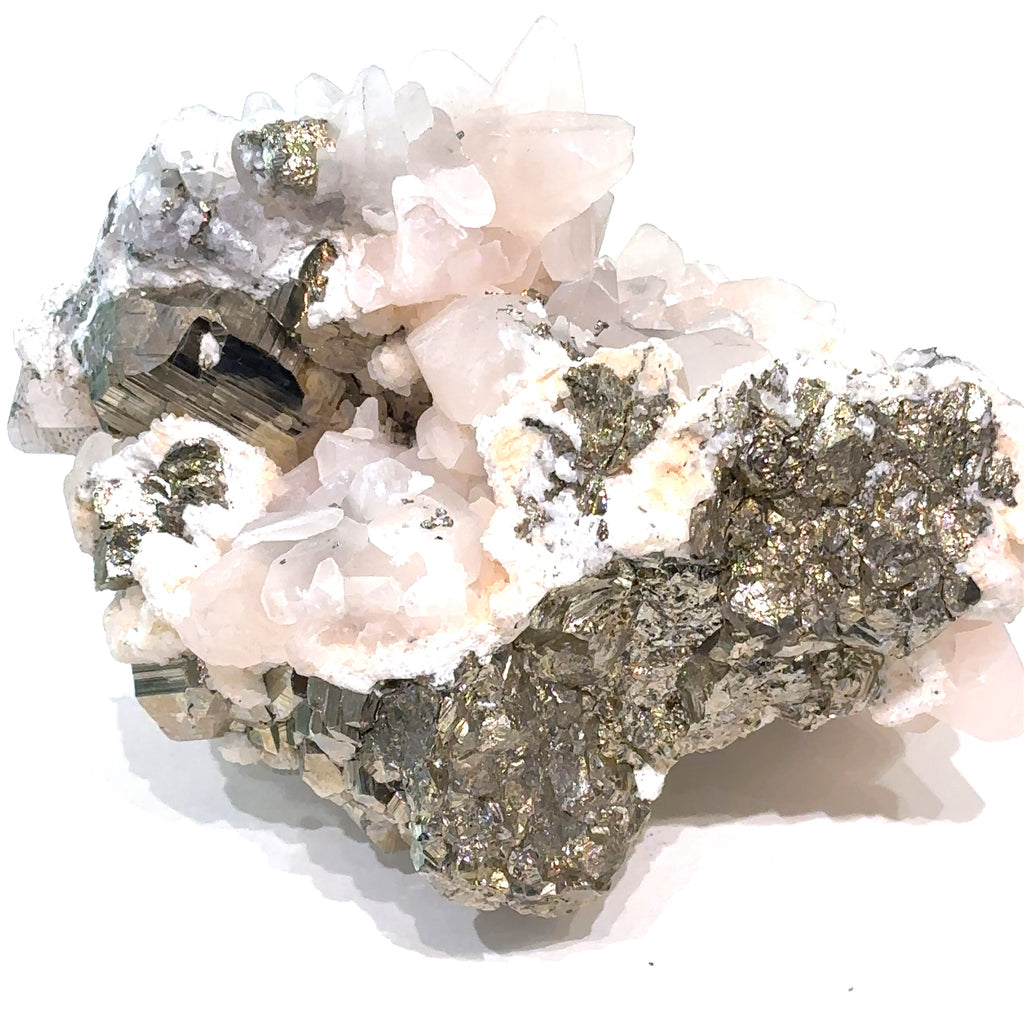 Close-up of Calcite and Fluorite crystal cluster with metallic Pyrite flecks on white background back view
