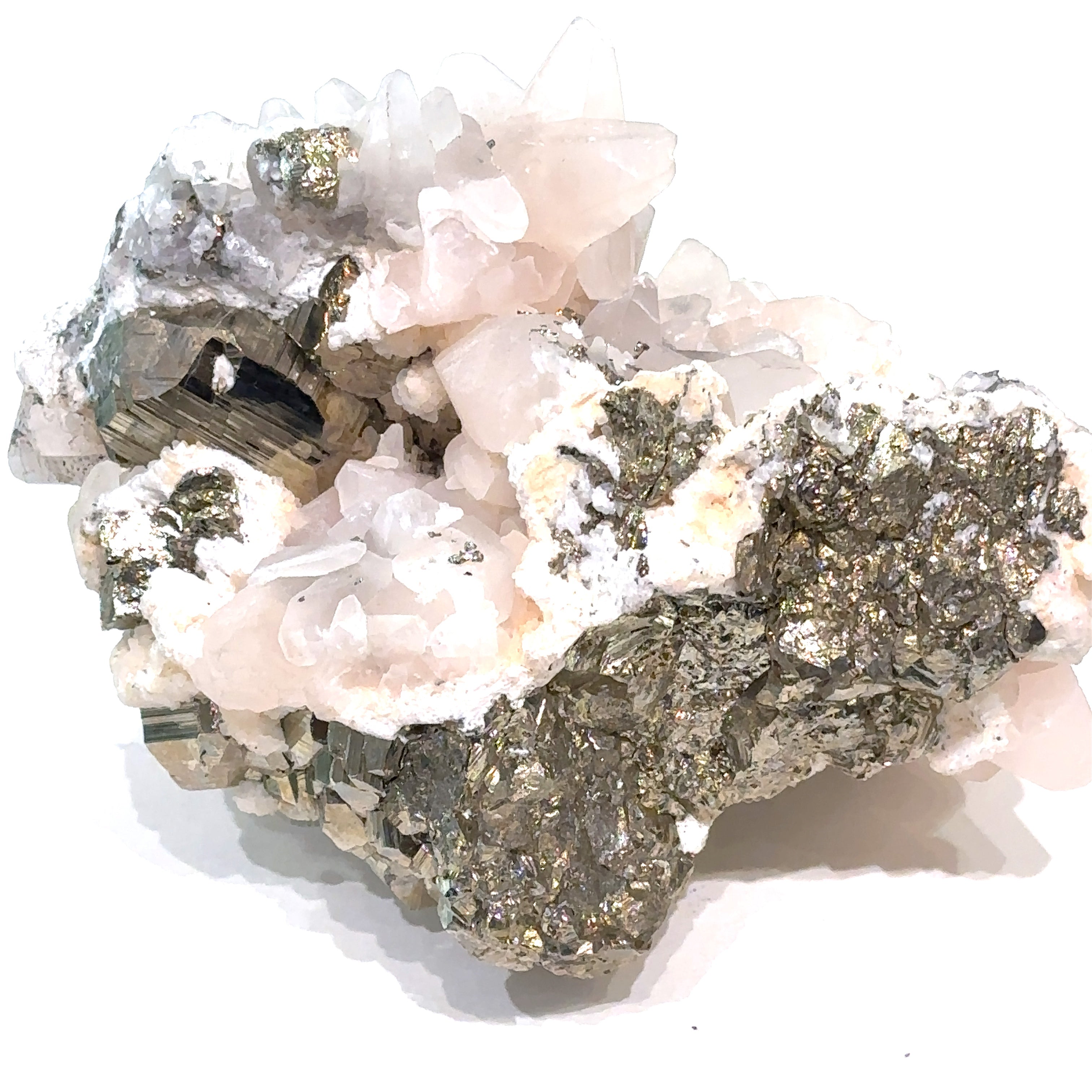 Close-up of Calcite and Fluorite crystal cluster with metallic Pyrite flecks on white background back view