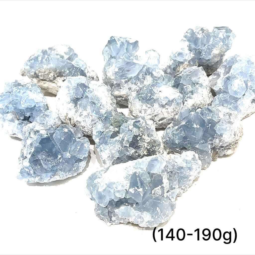 Close-up of Celestite crystal structure showing natural translucence on a white background group sizing (140-190g)