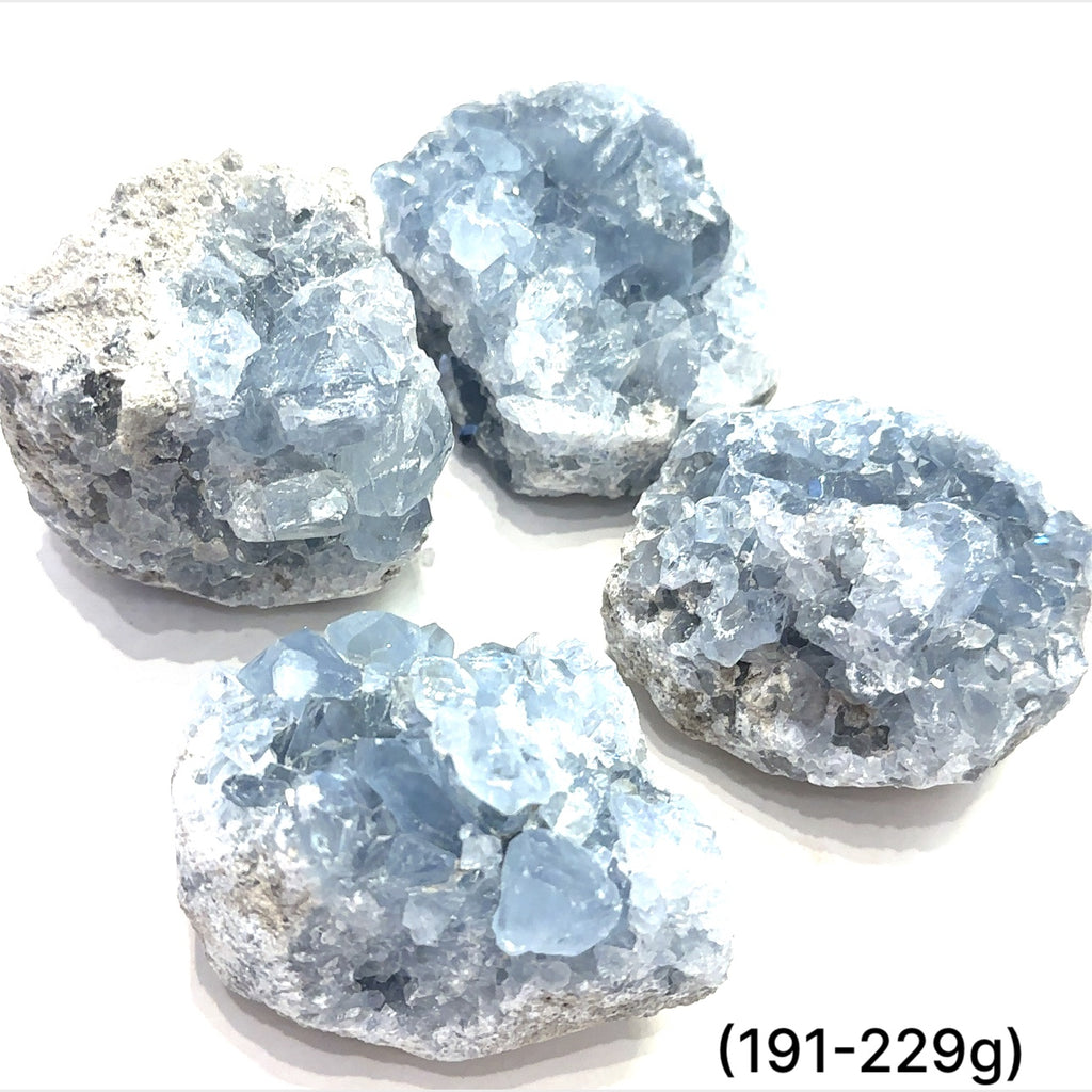 Close-up of Celestite crystal structure showing natural translucence on a white background group sizing (191-229)