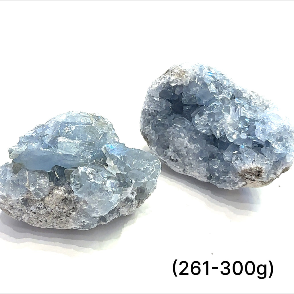 Close-up of Celestite crystal structure showing natural translucence on a white background group sizing (261-300)