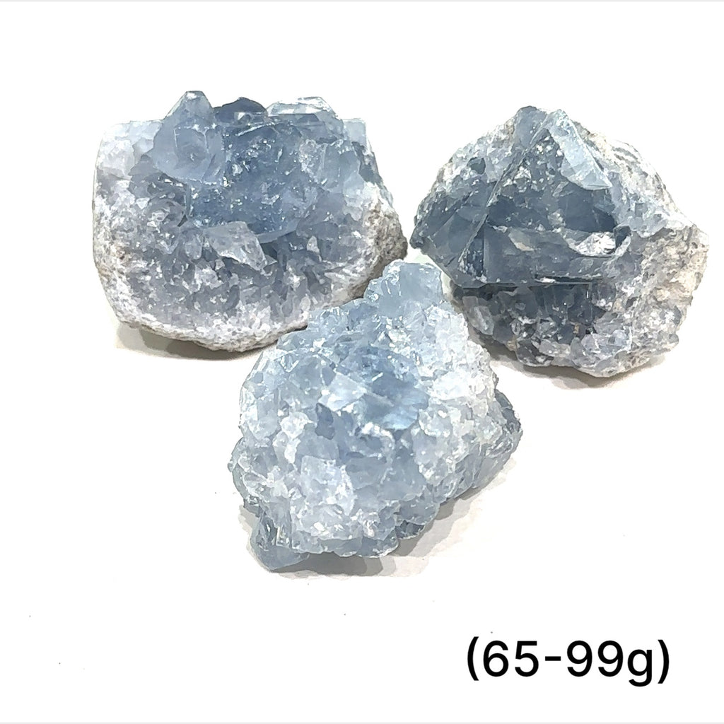 Close-up of Celestite crystal structure showing natural translucence on a white background group sizing (65-99g)