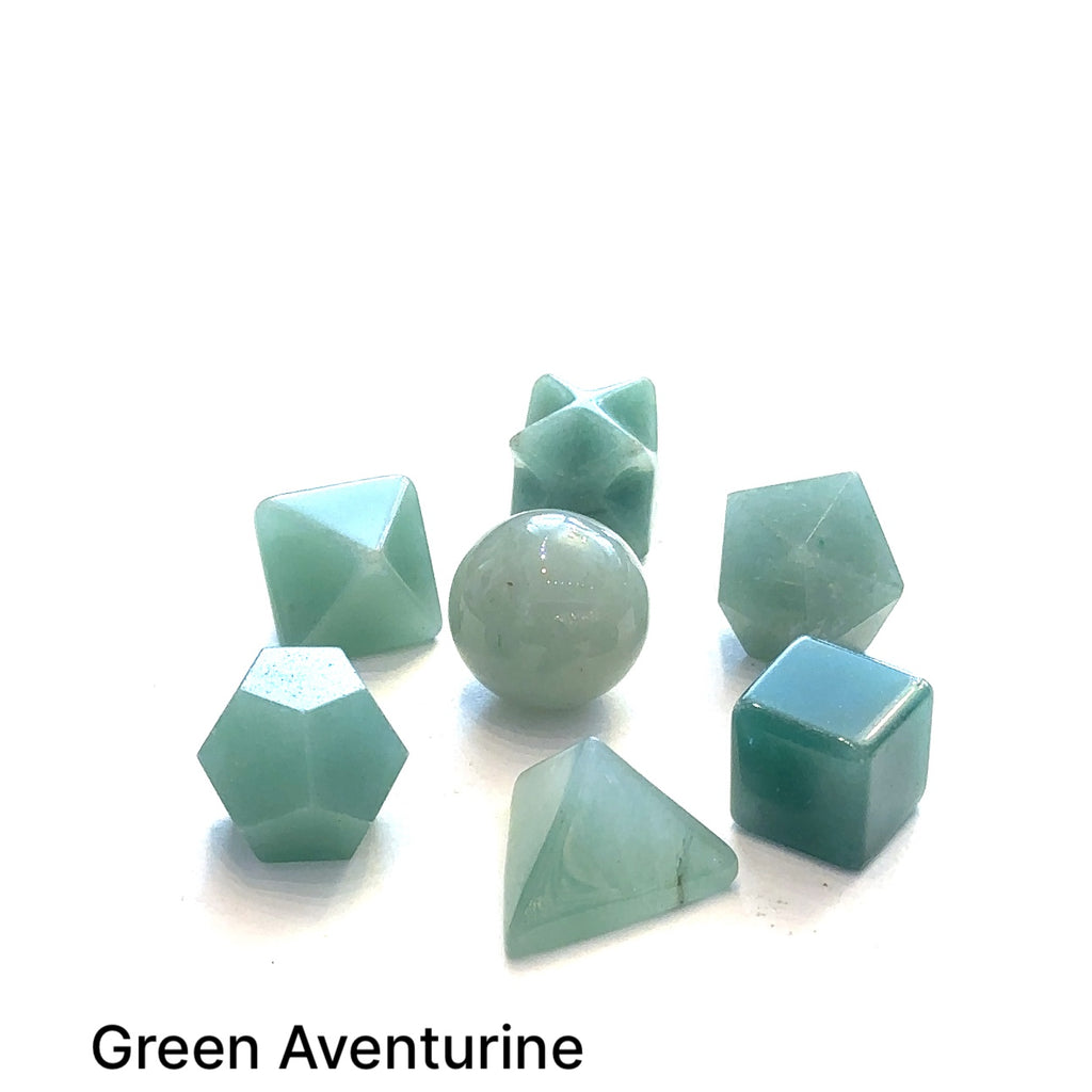 Close-up of Green Aventureine sacred geometry stones showing polished detail on white overview