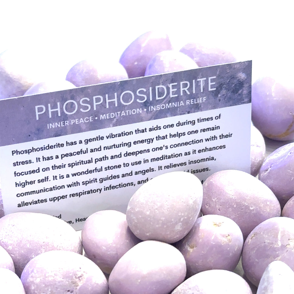 Close-up of grouping of  Phosphosiderite crystal with polished surface and gentle color variations with information card on white background front overview