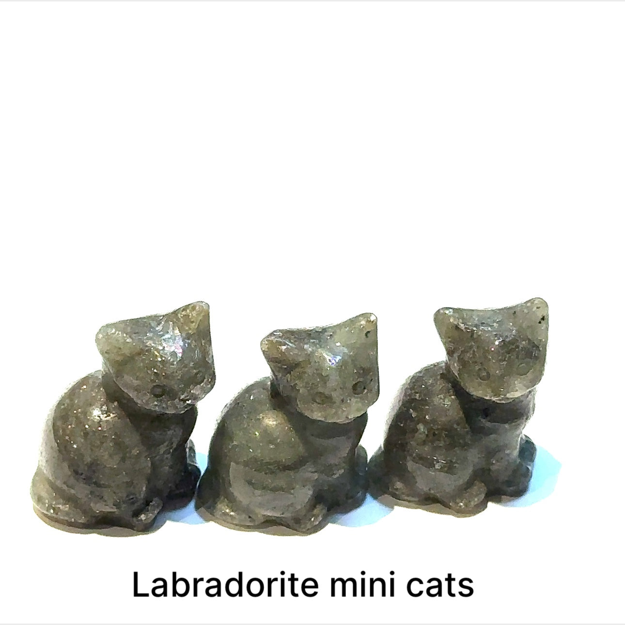Close-up of polished gemstone cat grouping of Labradorite showing crystal texture and color variation. On white background front overview.