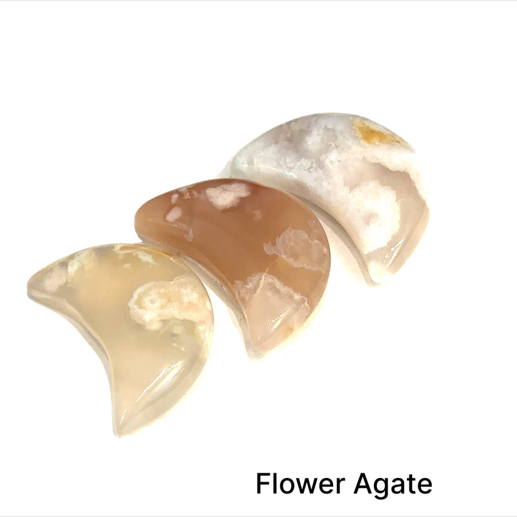 Close-up of polished moon-shaped  Flower Agate gemstones grouping on a white background front overview