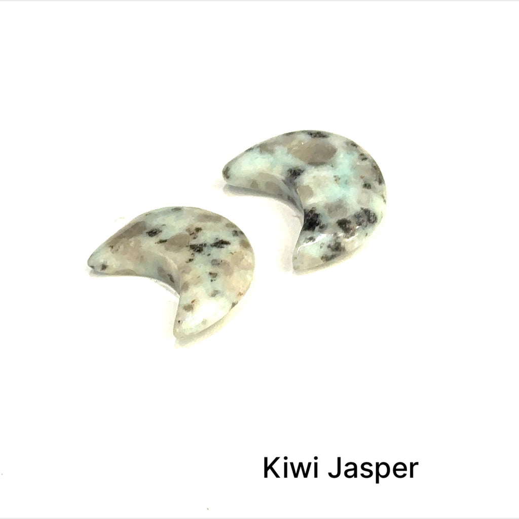 Close-up of polished moon-shaped  Kiwi Jasper grouping gemstones  on a white background front overview