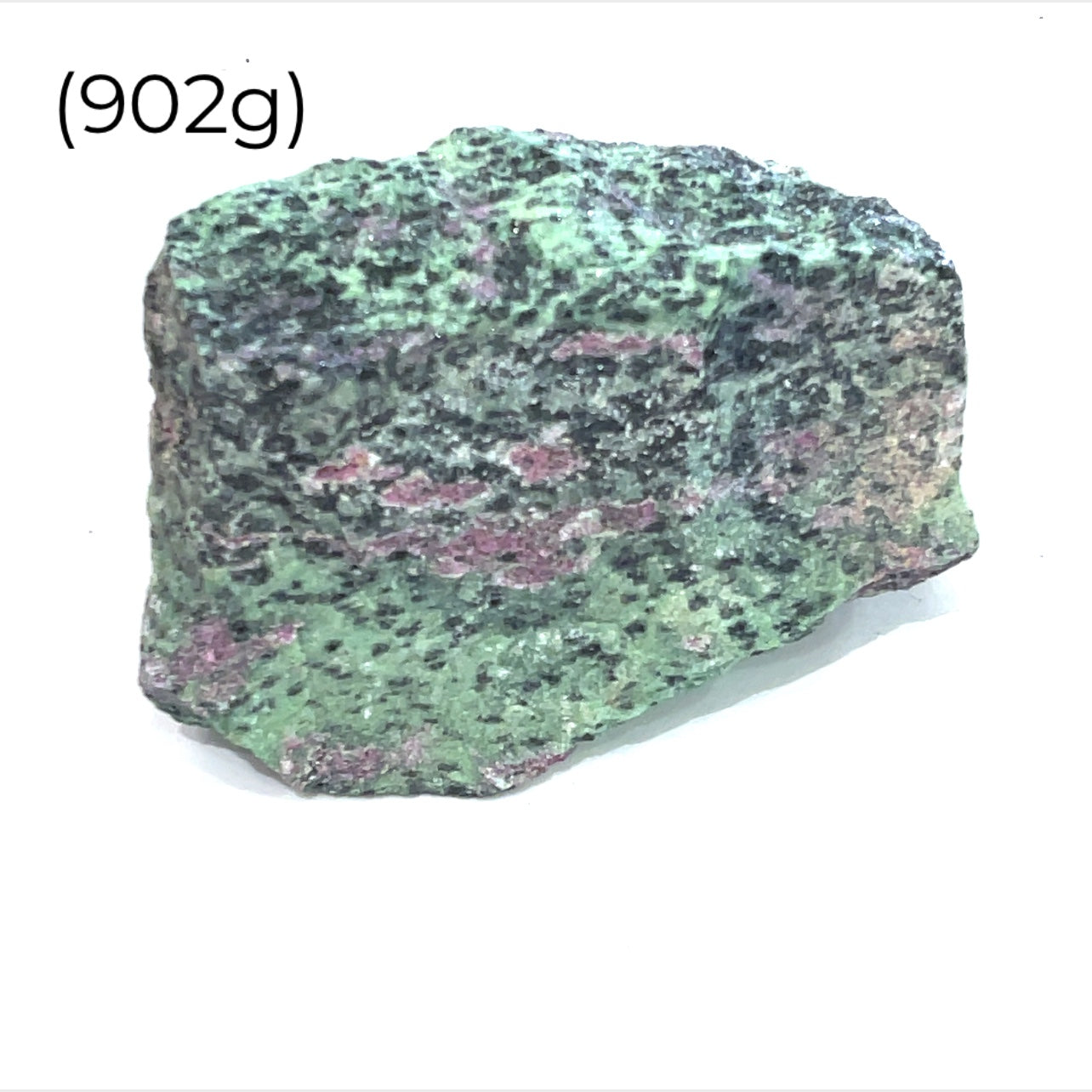 Close-up of raw Ruby in Zoisite showing natural red ruby within green Zoisite matrix (902g) on a white background front overview. 