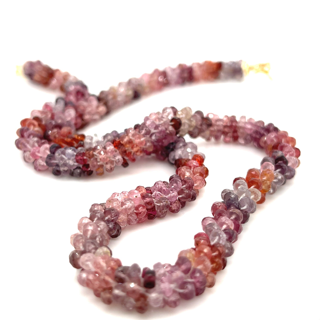 Crocheted Red Spinel necklace with gold-filled toggle — handmade in Boston on a white background long center overview.