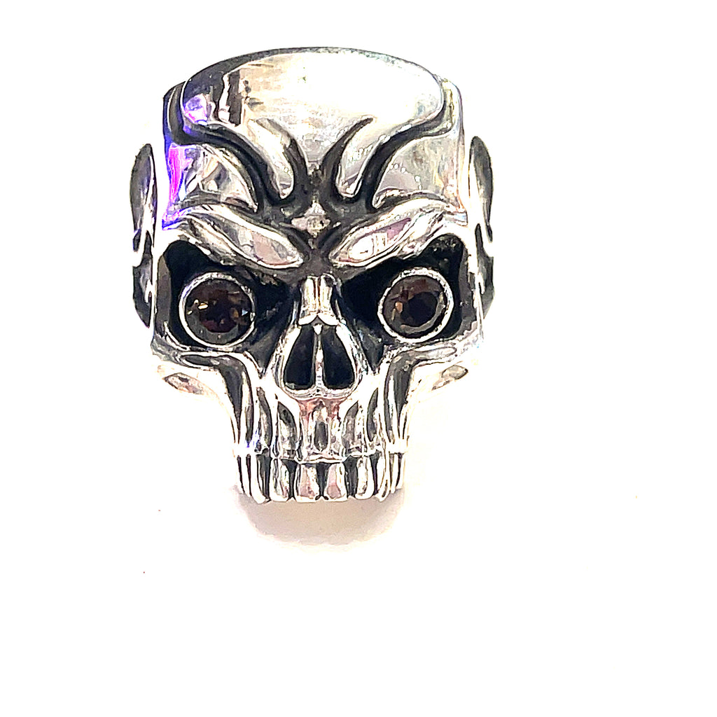 Custom CAD-designed silver skull ring — artisan men’s jewelry on a white background front view