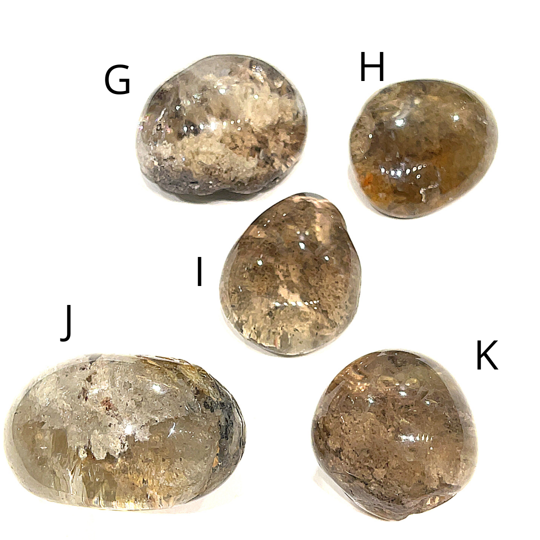 Five Brazilian Lodolite Garden Quartz palm gemstones, labeled G,H,I,J, and K, are displayed on a white background in a front view. 