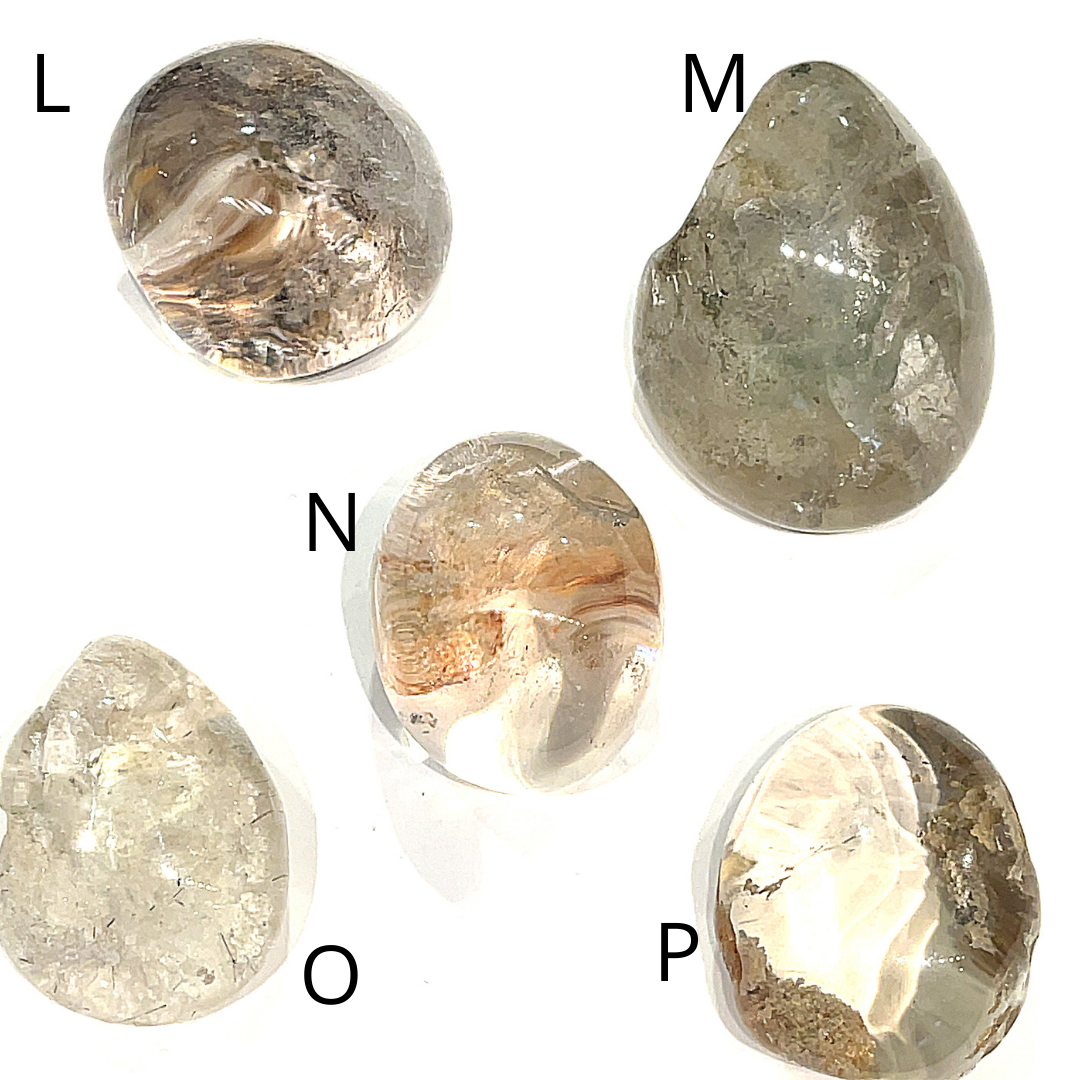 Five Brazilian Lodolite Garden Quartz palm gemstones, labeled L,M,N,O and P, are displayed on a white background in a front view. 