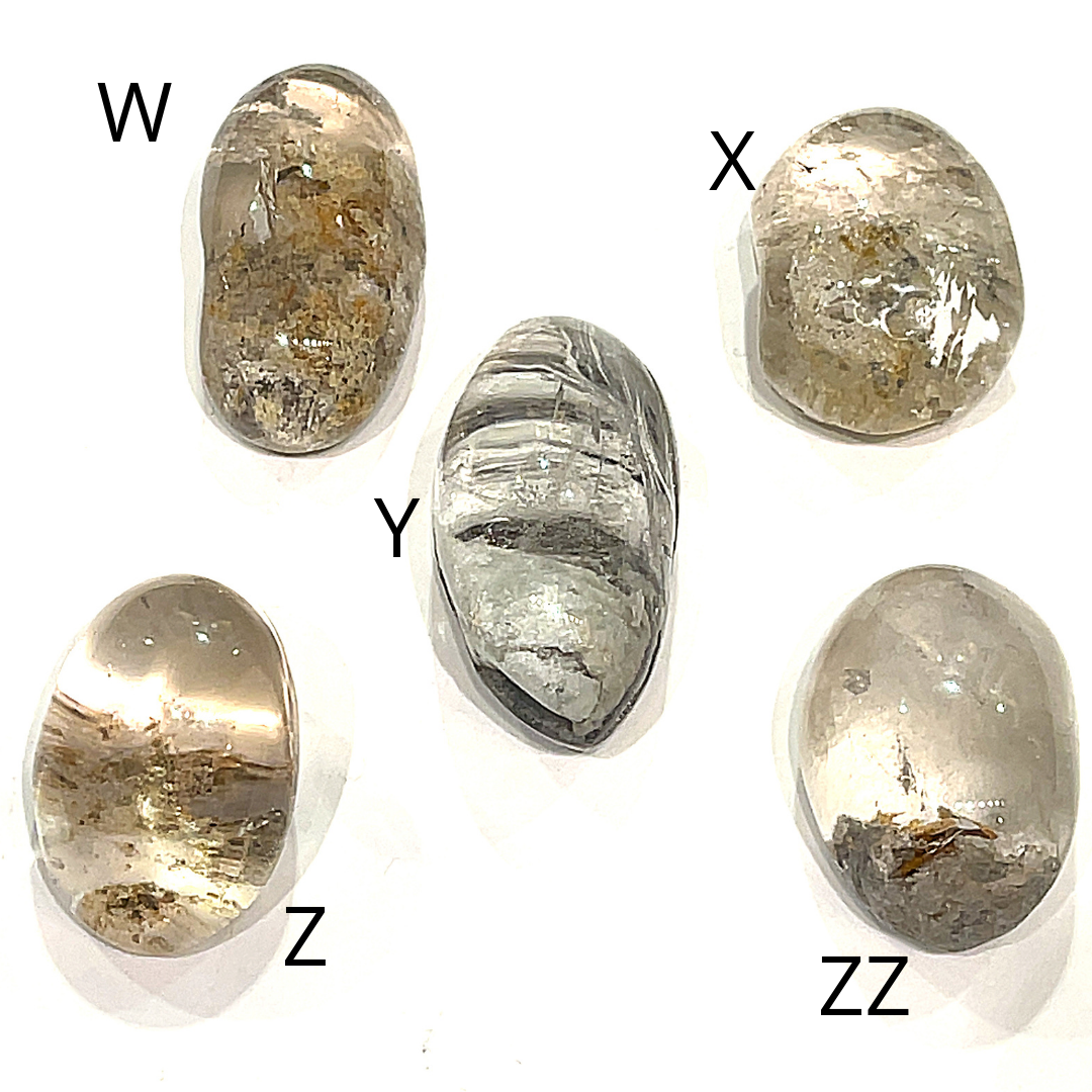 Five Brazilian Lodolite Garden Quartz palm gemstones, labeled W,X,Y,Z and ZZ are displayed on a white background in a front view. 