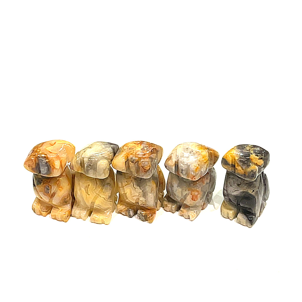 Five Crazy Lace Agate mini hound Dog gemstone carving on white background, front view.