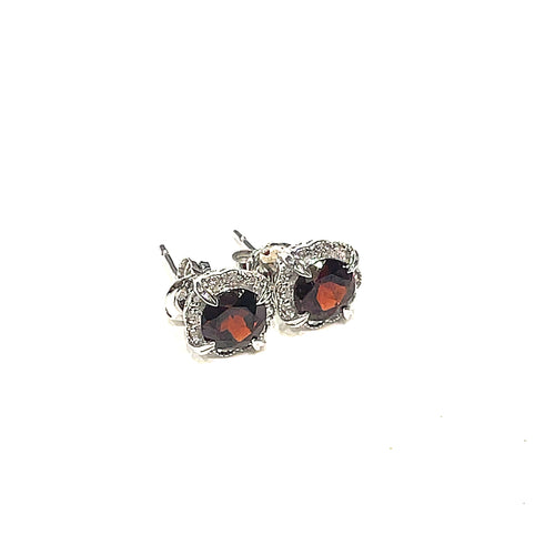 Garnet Diamond Stud Earrings Front View on a white background. 