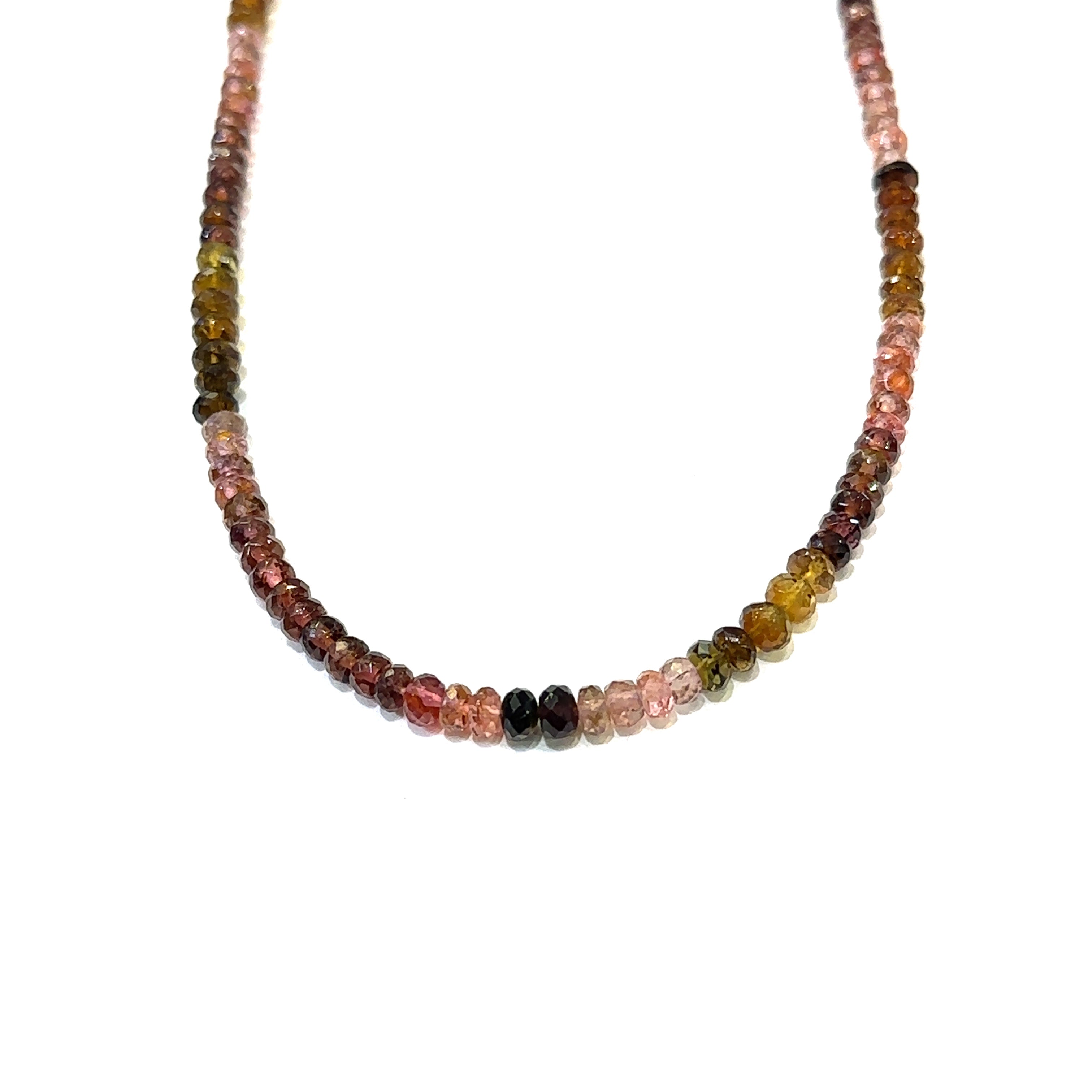 Genuine Multi Tourmaline gemstone necklace with sterling silver heart clasp by Hidden Jewel on a white background short hanging  overview.