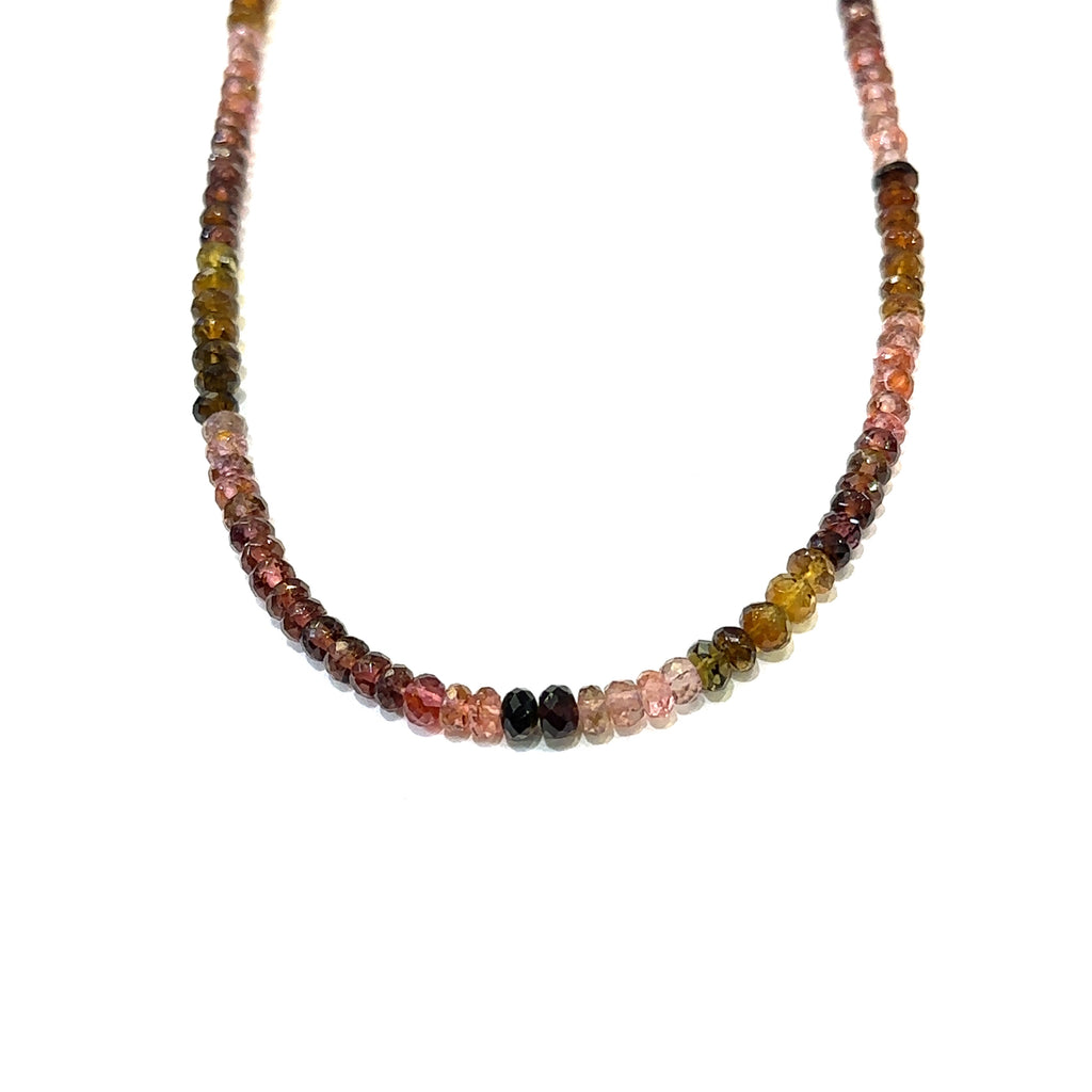 Genuine Multi Tourmaline gemstone necklace with sterling silver heart clasp by Hidden Jewel on a white background short hanging  overview.