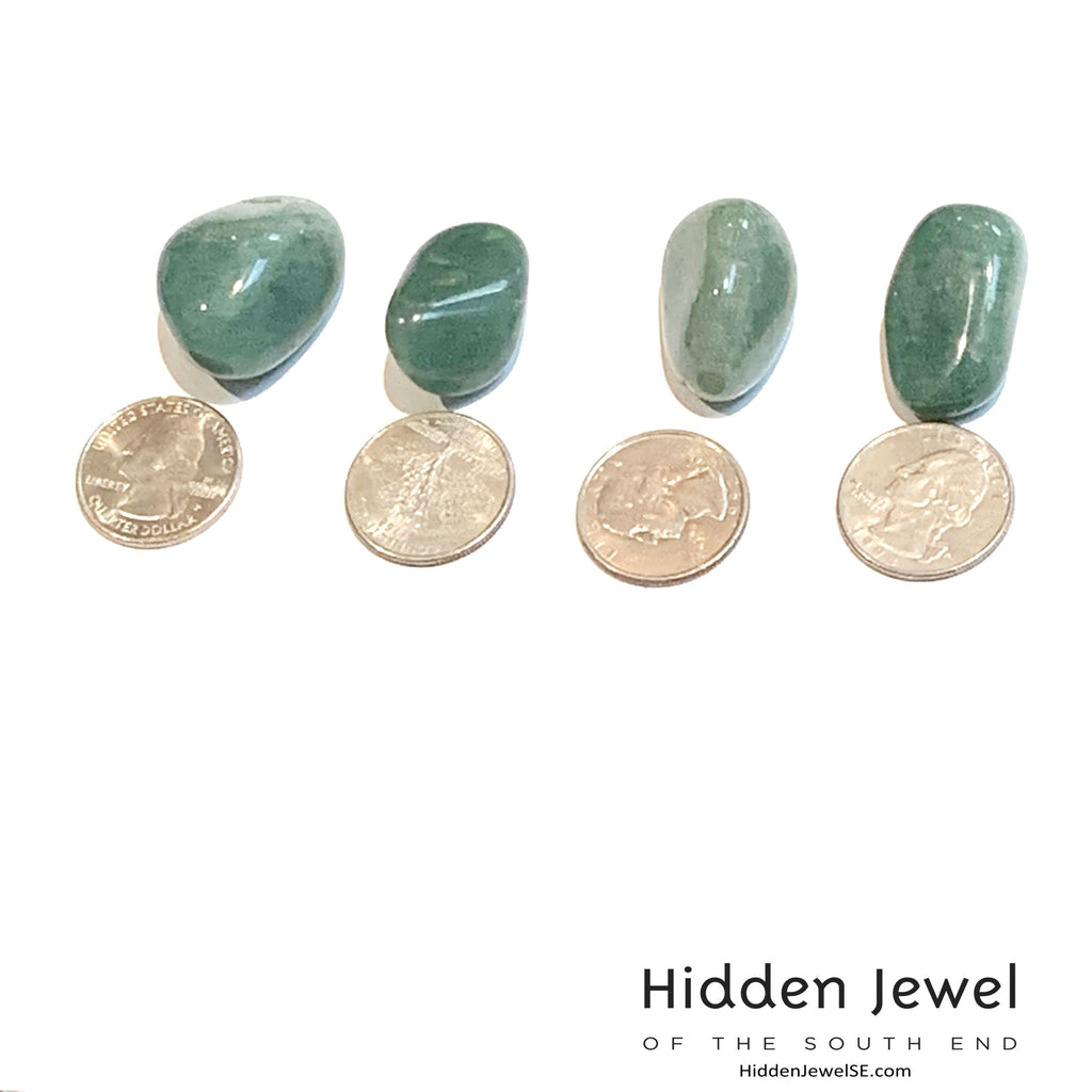 Green Aventurine Gemstone on white center overview with quarters for sizing 